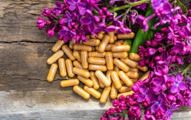 Leylak çiçeği özü ve diyet takviyeleri. Seçici odaklanma. Doğa. kapsüller,