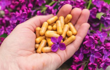 Leylak çiçeği özü ve diyet takviyeleri. Seçici odaklanma. Doğa. kapsüller,