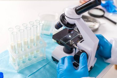 Laboratuvarda sütü inceleyin. Seçici odaklanma. ilaç