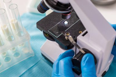 Laboratuvarda sütü inceleyin. Seçici odaklanma. ilaç