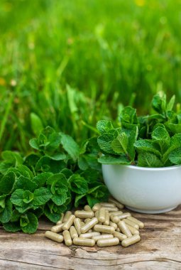 Nane özü, temel yağ ve takviyeler. Seçici odaklanma. Doğa.