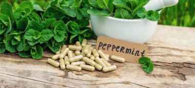 Nane özü, temel yağ ve takviyeler. Seçici odaklanma. Doğa.