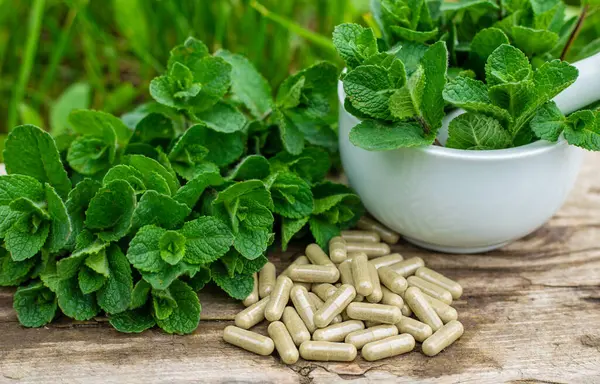 Nane özü, temel yağ ve takviyeler. Seçici odaklanma. Doğa.