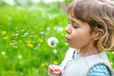 Çocuk parkta karahindiba üflüyor. Seçici odaklanma. Alerji çocuğu..