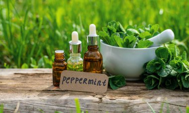 Nane özü, temel yağ ve takviyeler. Seçici odaklanma. Doğa.