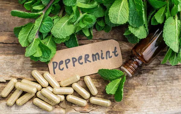 Nane özü, temel yağ ve takviyeler. Seçici odaklanma. Doğa.