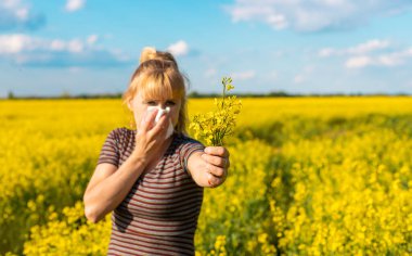 Sarı tarla çiçekleri alerjisi. Seçici odaklanma. Doğa.