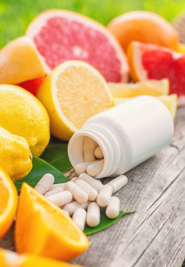 C vitamini ve narenciye. Seçici odaklanma. yiyecek.