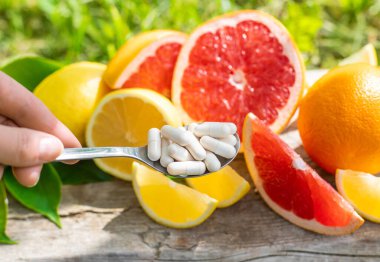 C vitamini ve narenciye. Seçici odaklanma. yiyecek.