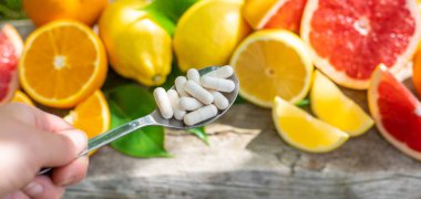 C vitamini ve narenciye. Seçici odaklanma. yiyecek.