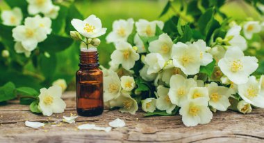 Yasemin yağı ve çiçekler. Seçici odaklanma. Doğa.