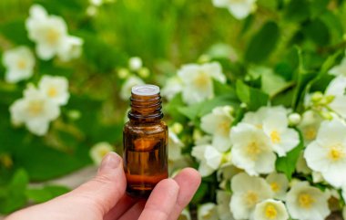 Yasemin yağı ve çiçekler. Seçici odaklanma. Doğa.