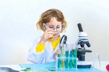 Test tüpleri, reaktörleri ve mikroskobu olan bir çocuğun laboratuvar incelemesi. Seçici odaklanma. çocuk.