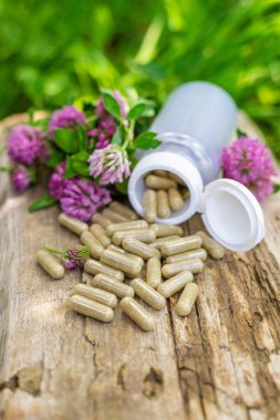 Kırmızı Yonca Özütü ve İlaveleri. Seçici Odaklanma. Doğa.