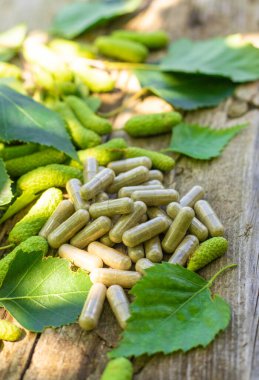 Huş ağacı tomurcukları özütü ve takviyeler. Seçici odaklanma. Doğa.