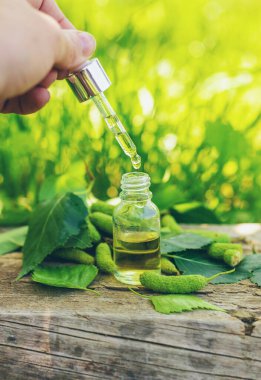 Huş ağacı tomurcukları özütü ve takviyeler. Seçici odaklanma. Doğa.