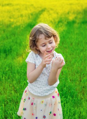 Uğur böceğiyle oynayan çocuk. Seçici odaklanma. Çocuk.