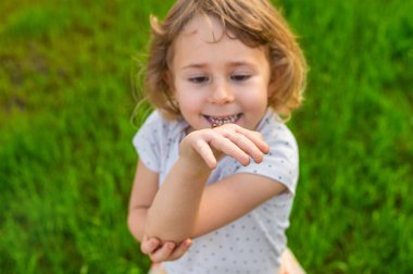 Uğur böceğiyle oynayan çocuk. Seçici odaklanma. Çocuk.