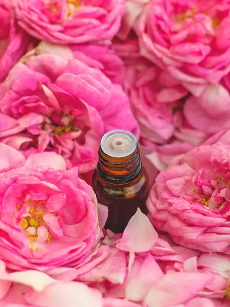 Şişede gül yağı var. Seçici odaklanma. Spa.