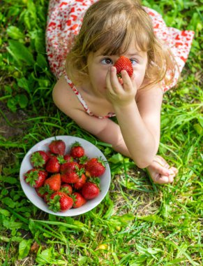 Bahçesinde çilek olan çocuk. Seçici odaklanma. Çocuk.