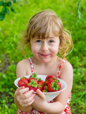 Bahçesinde çilek olan çocuk. Seçici odaklanma. Çocuk.