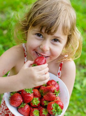 Bahçesinde çilek olan çocuk. Seçici odaklanma. Çocuk.