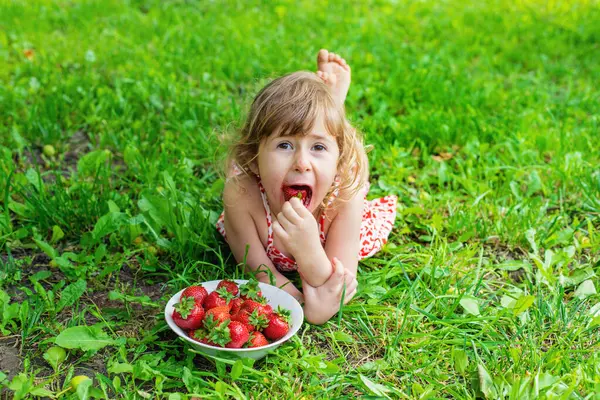Bahçesinde çilek olan çocuk. Seçici odaklanma. Çocuk.