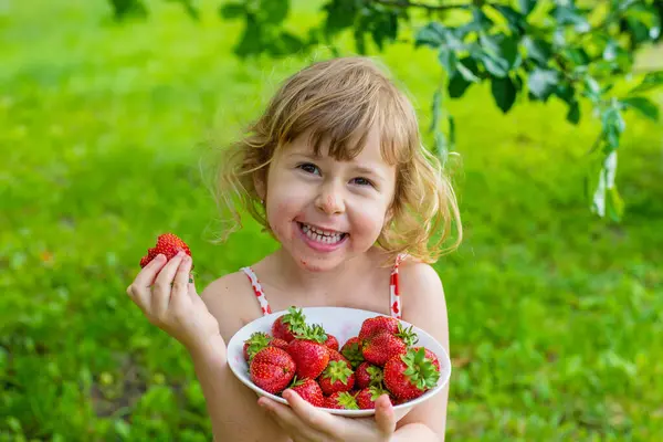 Bahçesinde çilek olan çocuk. Seçici odaklanma. Çocuk.