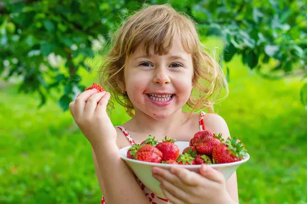 Bahçesinde çilek olan çocuk. Seçici odaklanma. Çocuk.