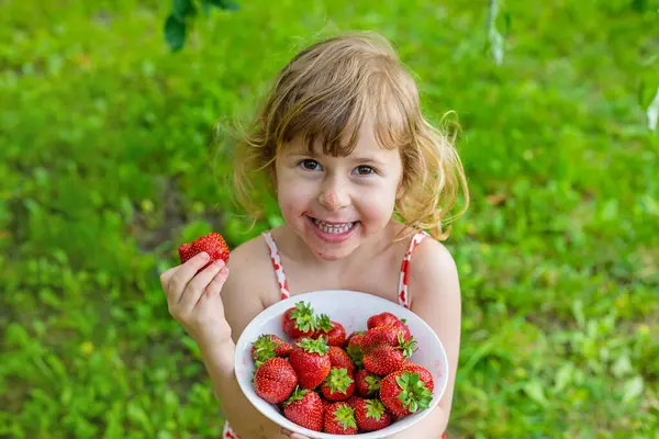 Bahçesinde çilek olan çocuk. Seçici odaklanma. Çocuk.