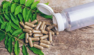 Moringa esaslı yağ ve takviyeler. Seçici odaklanma. Doğa.