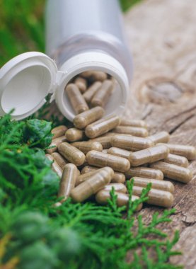 Thuja esaslı yağ ve takviyeler. Seçici odaklanma. Doğa.