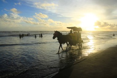 Yogyakarta, Endonezya, 18 Nisan 2018. Turizm için at arabaları öğleden sonra Parangtritis plajı boyunca geçer..