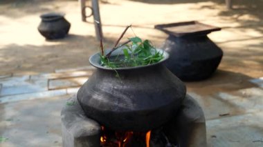 Yeşil Neem yaprakları Azadirachta indica olarak bilinir. Chulha 'da suda kaynatılmış. Kaynar neem, nimtree veya kil sobada Hint leylağı. Hint köyünün banyo ve sağlık sigortası için kullanımı.