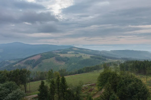 Vista Desde Torre Observación Velky Javornik Las Montañas Beskid Noche — Foto de Stock
