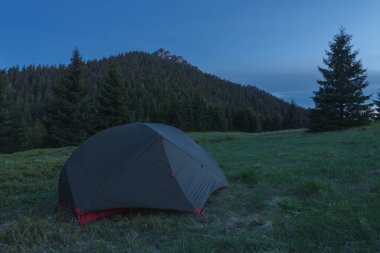Yeşil hafif, serbest, üç sezonluk iki kişilik çadır. Akşamları otların içinde dağ kolunun üzerinde. Arka planda Velky Rozsutec. Mala Fatra Dağları, Slovakya.