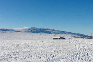 Kış sabahı, Meadow Hut yolu, krkonose dağları. Yol boyunca ahşap uzun çubuklar, kış mevsimi için turistik işaretler var.. 