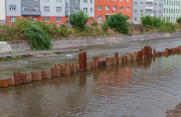 stock image Flood wall in river basin of Svratka, Brno, Czech republic, floods after storm Boris, September 15, 2024.