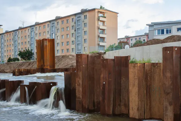 stock image Flood wall in river basin of Svratka, Brno, Czech republic, floods after storm Boris, September 15, 2024.