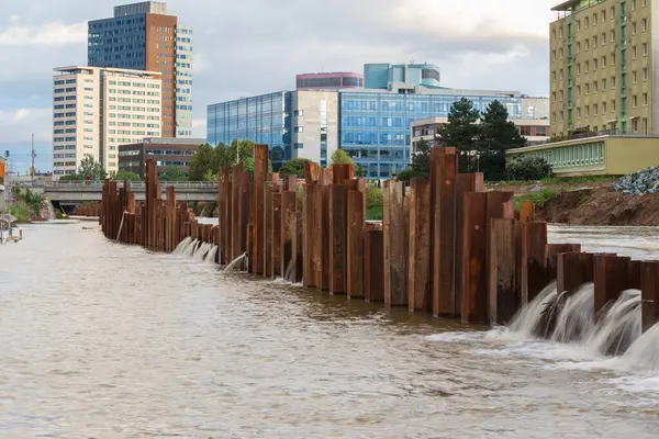 stock image Flood wall in river basin of Svratka, Brno, Czech republic, floods after storm Boris, September 15, 2024.