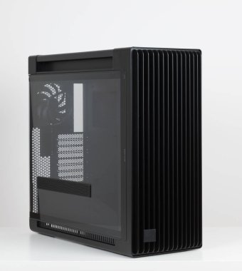 Side view of empty  big tower, PC case, chassis,  tempered-glass left panel has a mesh window to aid in graphics-card ventilation clipart