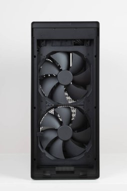 Front view of empty  big tower, PC case, chassis,  two  pre-installed system extra-thick 200 x 38 mm front fans for maximum air intake clipart