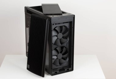 Side view of empty  big tower, PC case, chassis, removable top panel with dust filter and 15.5 mm front panel grille with 45% porosity, two extra-thick 200 x 38 mm front fans for maximum air intake clipart