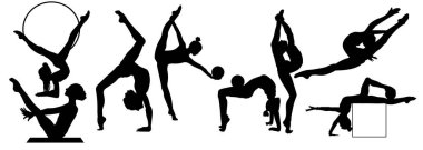 Bir jimnastikçinin çeşitli egzersizleri, özenli zerafeti, gücü, çevikliği ve akıcılık, yaratıcılık ve tutkuyla jimnastikte hassasiyeti sergilemesinin vektör çizimi