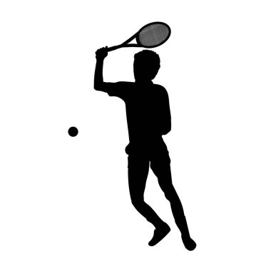 Dinamik vektör illüstrasyonunda beyaz arka planda tenis raketi ve kılıçla hareket halindeki siyah bir tenisçinin silüeti, yoğunluğu, yeteneği ve rekabeti resmediyor.