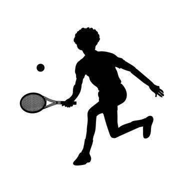 A tennis player with a racket and a sword in a black silhouette, emanating energy and movement. Athletic, strategic, and graceful, symbolizing competition, skill, and victory. The black silhouette illustrates the dynamism and tension  clipart
