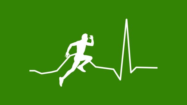 这部动画片展示了一位运动员的白色轮廓 他的心电图显示了他的脉搏和心脏的健康状况 — 图库视频影像