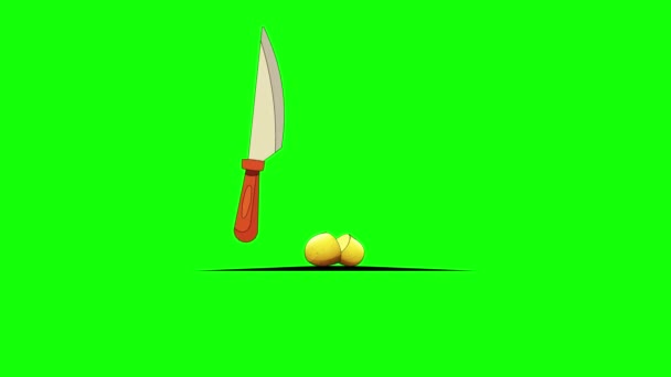 このアニメーション映像は クロマキーテクノロジーを使用して緑色のスクリーン背景に対して切断板にナイフを付けてジャガイモをスライスする動的プロセスを描いています エネルギッシュな動きと芸術的な風味で料理の準備を紹介します — ストック動画