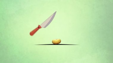 Cips yapmanın dinamik sürecini gösteren animasyon bir görüntü. Patatesleri kesme tahtasında bıçakla dilimleyip yeşil ekran arka planında krom anahtar teknolojisiyle tavada kızartmayı içeriyor.. 