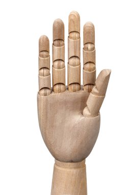 Tahtadan yapılmış bir kukla el, beş parmaklı bir avuç içi gösterir. Beyaz arka planda yasaklanmış bir jest yapma kavramı..